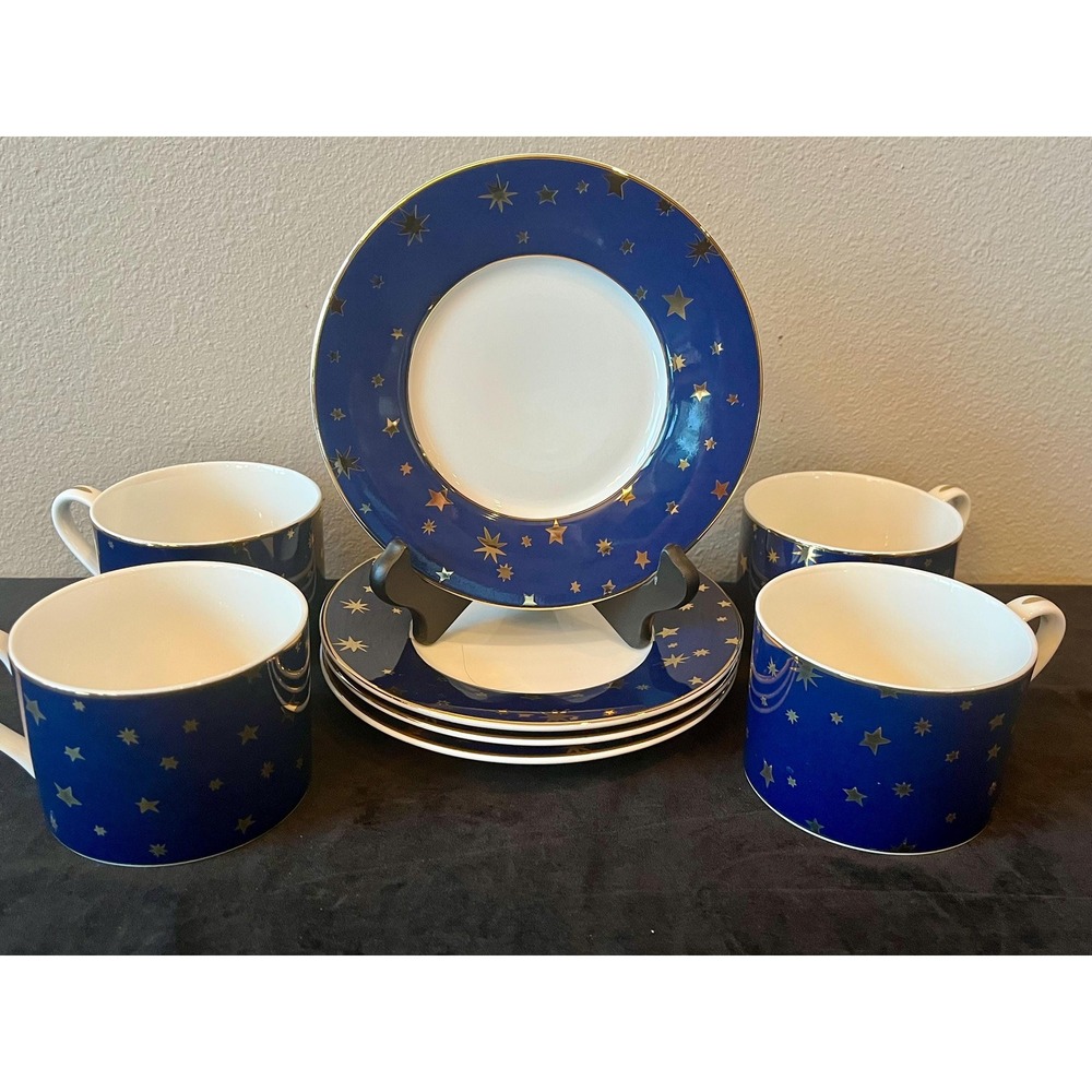 Sakura Galaxy 4 Cups Saucers Set Cobalt Blue 14K Gold Stars Celestial Vintage